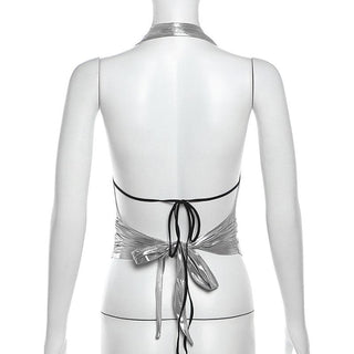 Halter metallic glitter cowl neck ruched 2 piece top
