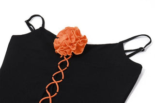 U neck flower applique lace up ruffle cami mini dress
