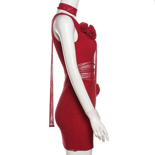 Cowl neck sheer mesh flower applique cami mini dress