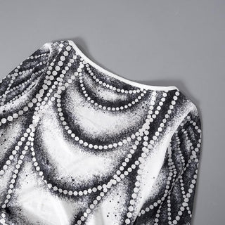 Drawstring long sleeve beaded print contrast backless top