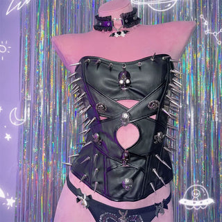 Hollow out PU leather skull applique tube cut out top