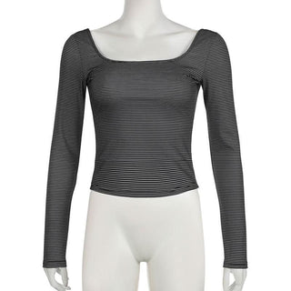 Long sleeve u neck striped backless top