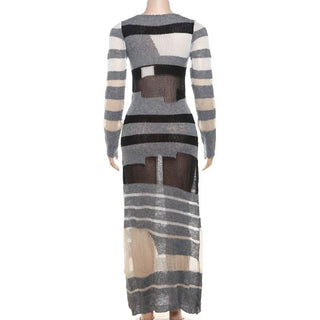 Crewneck long sleeve knitted striped print maxi dress