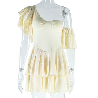 Off shoulder padded solid ruffle mini dress