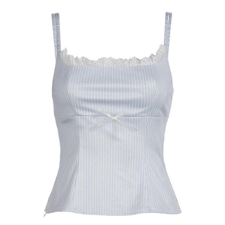 Striped print lace hem zip-up bowknot cami top