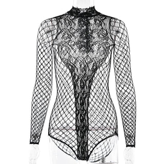 Crewneck long sleeve fishnet see through romper