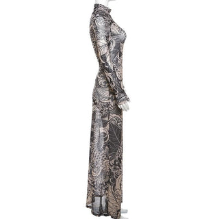 Sheer mesh see through abstract long sleeve high neck maxi dress