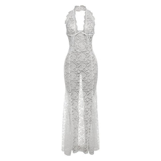 Halter lace see through hollow out cut out maxi dress-final-sale