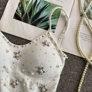 Beaded v neck padded backless cami top