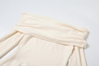 Off shoulder ruffle flower applique long flared sleeve ruched top
