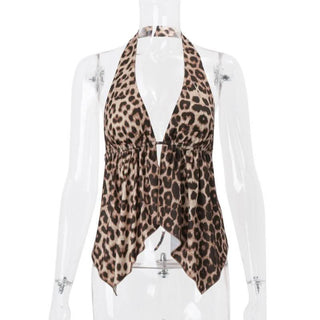 Leopard print halter self tie backless top