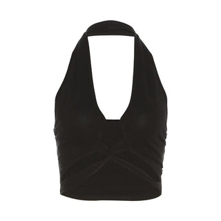 Hollow out halter backless solid cross front crop cut out top
