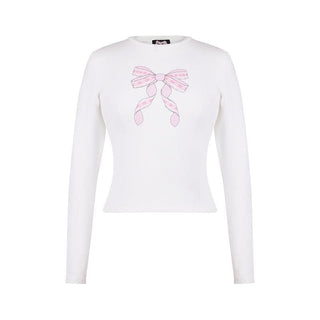 Bowknot pattern contrast crewneck long sleeve top