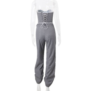 Ruched striped zip-up lace hem medium rise pant