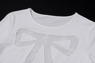 Long sleeve bowknot pattern lace mesh patchwork crewneck top