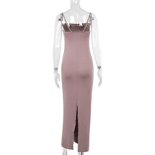 Ruched slit square neck solid cami maxi dress