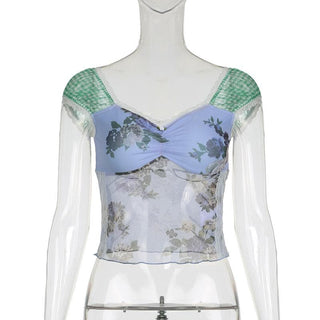 Cap shoulder lace hem contrast top