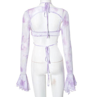 Long flared sleeve halter ruffle hollow out print cut out top