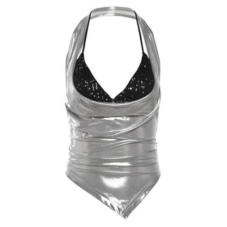 Halter metallic glitter cowl neck ruched 2 piece top