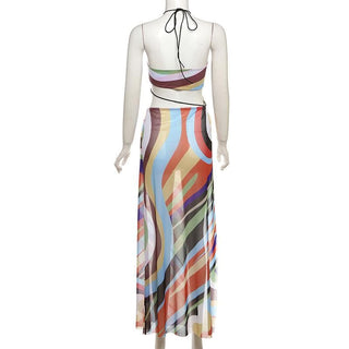 Halter print contrast high slit sheer mesh maxi dress