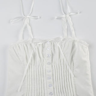 Ruched lace hem button bowknot ribbon cami top
