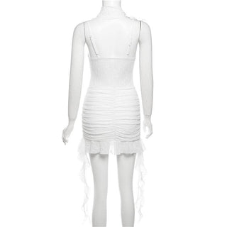Ruched ruffle lace 2-way v neck cami mini dress