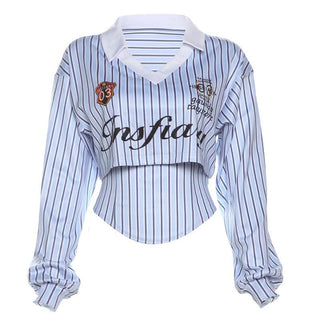 Turnover collar long sleeve striped letter print top