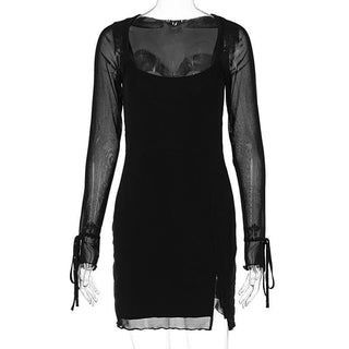 Long sleeve slit mesh square neck mini dress