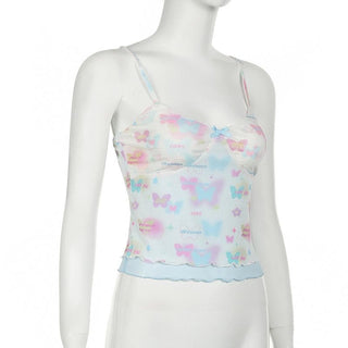 Bowknot butterfly print mesh ruffle cami top