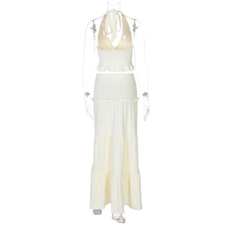 Halter v neck ruffle ruched maxi dress skirt set