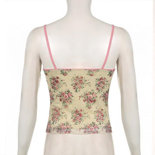 V neck lace flower print cami top