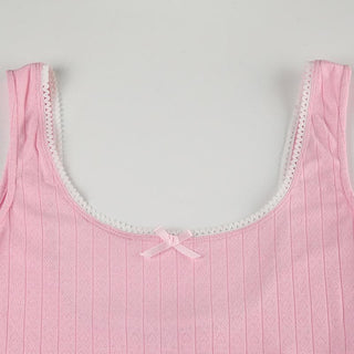 Square neck bowknot textured lace hem romper