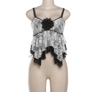 Lace patchwork flower applique ruffle cami top
