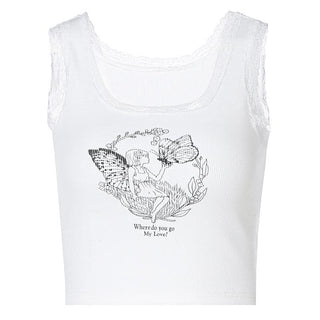 Lace hem butterfly pattern contrast sleeveless ribbed crop top