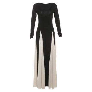 Long sleeve v neck contrast patchwork maxi dress