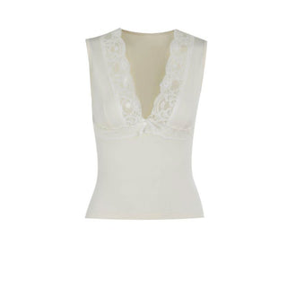 Lace hem deep V neck bowknot solid top