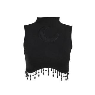 Sleeveless high neck moon pattern beaded crop top