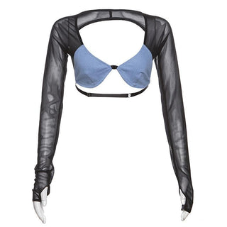 Mesh patchwork contrast long sleeve gloves low cut backless crop top