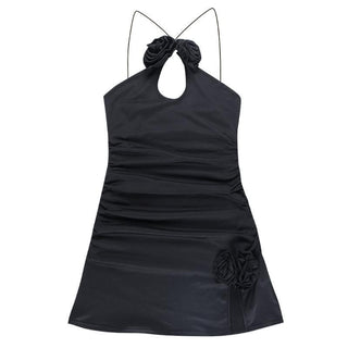 Ruched flower applique hollow out backless slit cut out mini dress