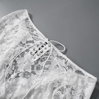 Long flared sleeve lace up lace see through mini dress