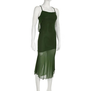 Ruffle irregular mesh cross back cami midi dress