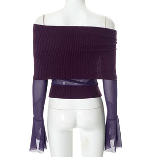 Long flared sleeve irregular mesh patchwork print top