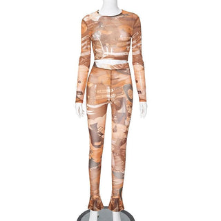 Long sleeve crewneck print sheer mesh pant set