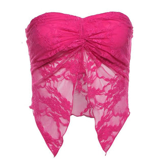 Lace ruched slit ruffle solid tube top