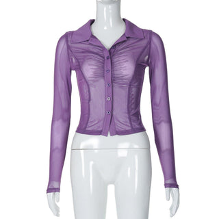 Turnover collar long sleeve ruched button mesh top