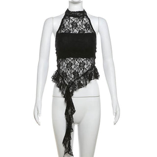 Halter mesh ruffle backless top