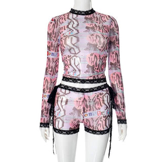 Long sleeve lace hem abstract print self tie short pant set