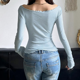 Long sleeve off shoulder letter print top