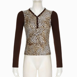 Leopard print long sleeve hoodie button top