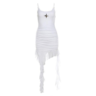 U neck sart applique ruffle irregular cami mini dress